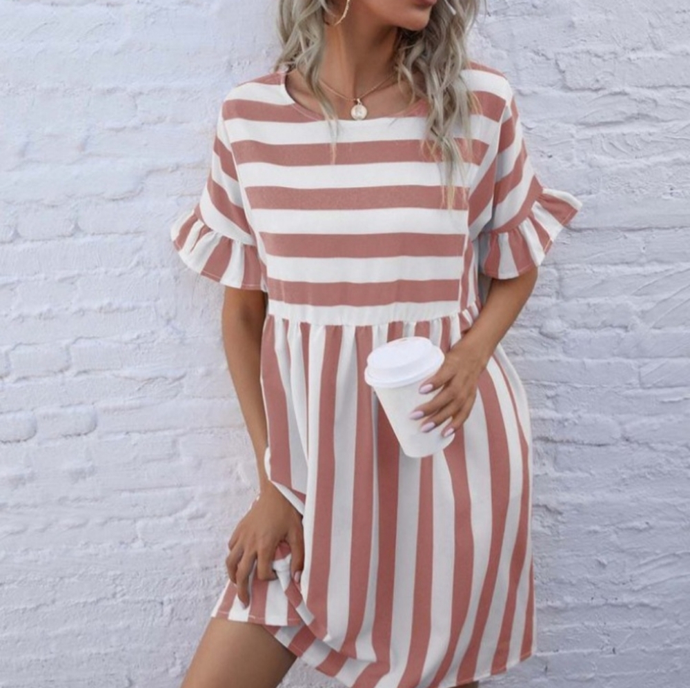 Womens Pink Stripe Ruffle-Accent Shift Dress Size Small
